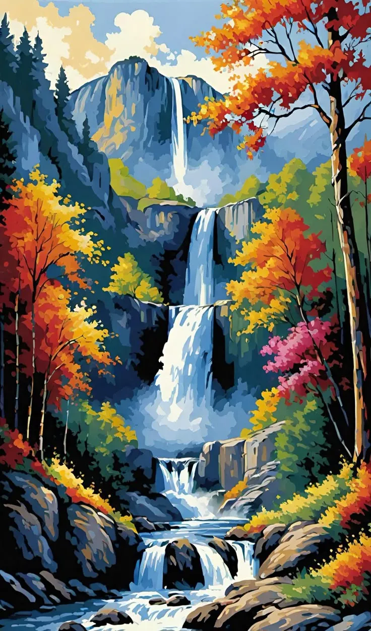 کیت نقاشی آبشار در جنگل پاییزی