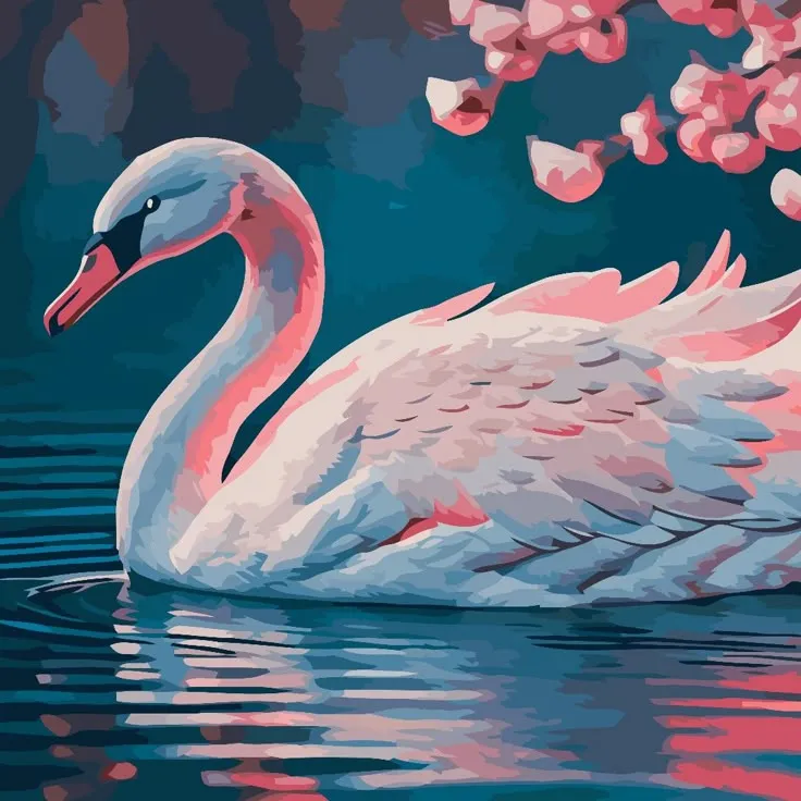 بوم نقاشی با اعداد قو و شکوفه‌های صورتی