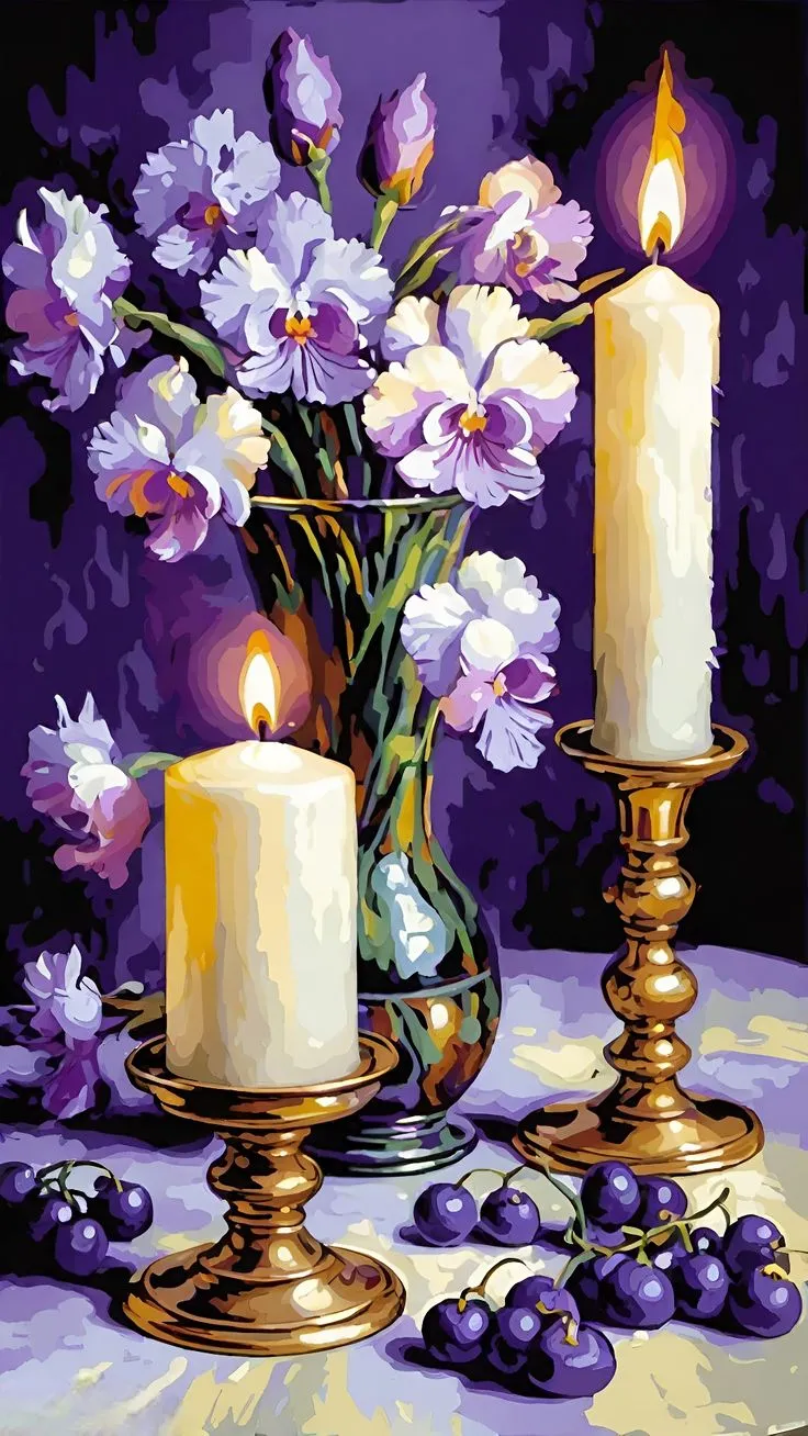 جدید ترین کیت رنگ آمیزی با اعداد درباره شمع و گل بنفش