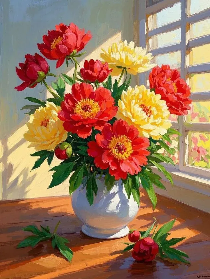 جدید ترین کیت رنگ آمیزی با اعداد درباره دسته گل کنار پنجره